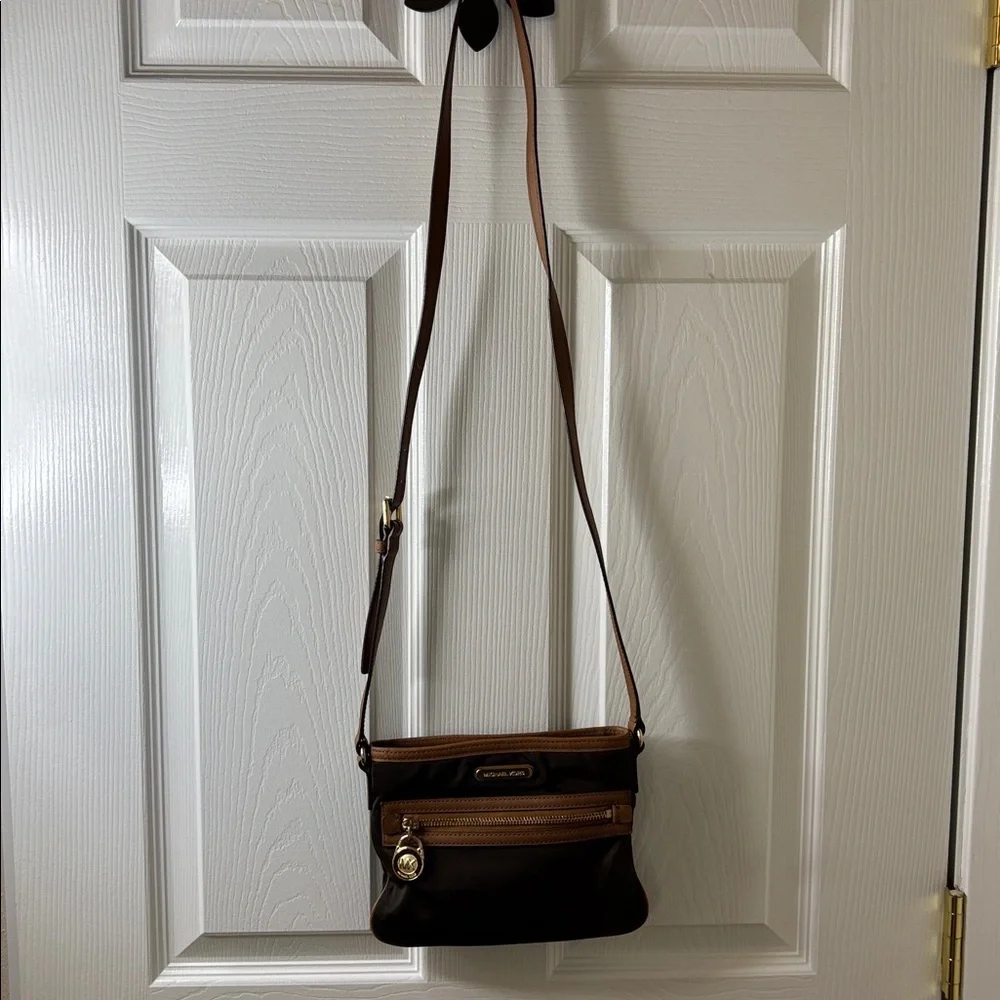 Michael Kors Two Tone Brown Crossbody Bag with Leather and Brass Accents Small